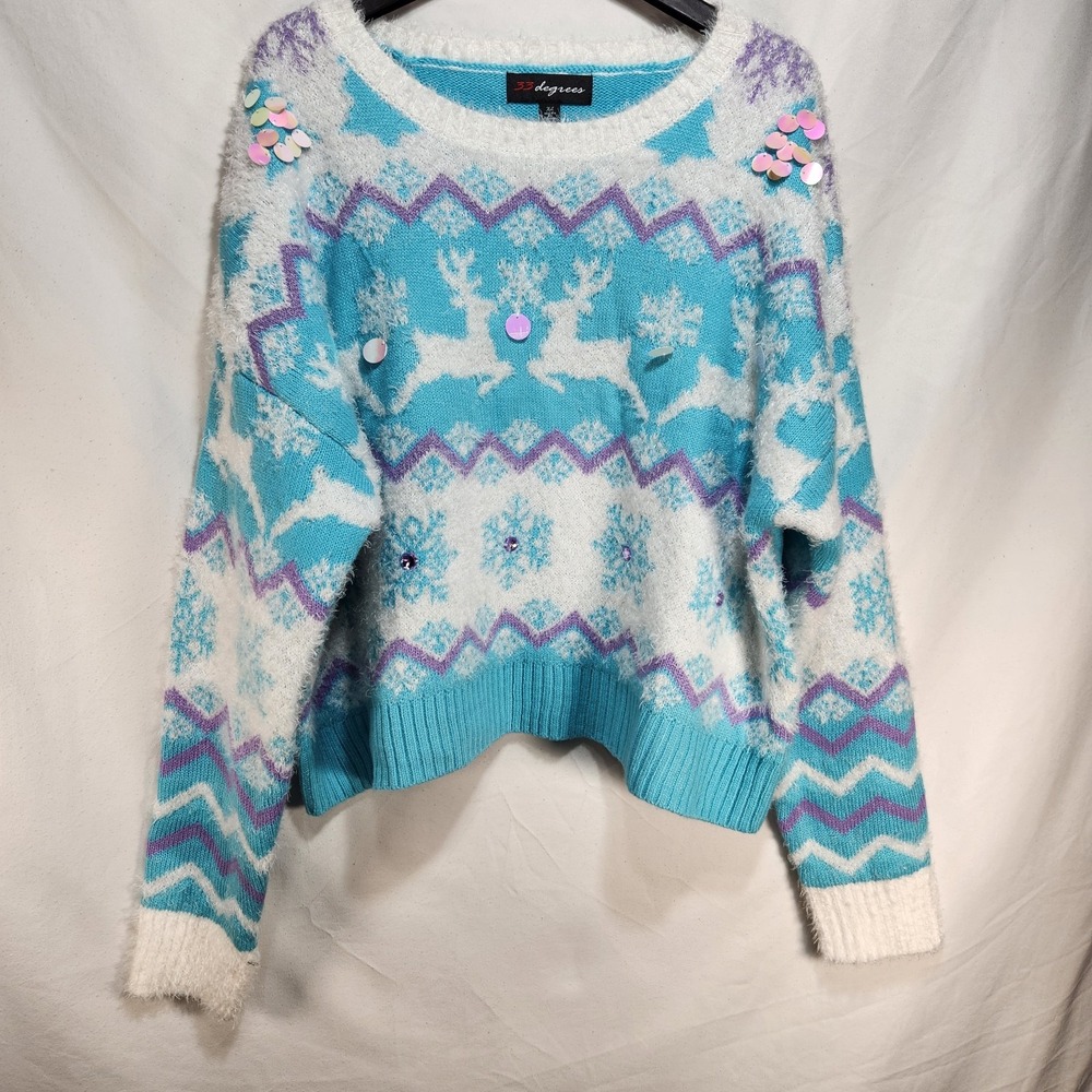 33 Degrees Womens Soft Fuzzy Holiday Reindeer Graphic Sweater Blue Size XL